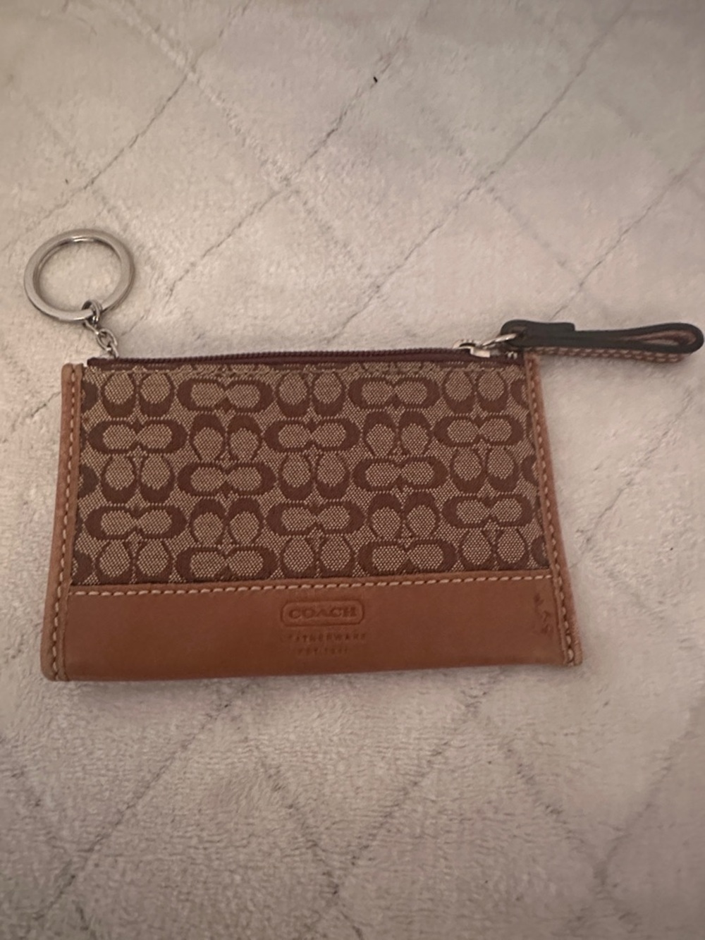 Coach Brown Signature  Key Pouch with Leather Trim